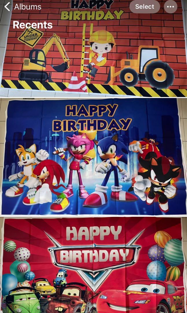 Birthday Backdrops and Banners Take All (Category: Occasions & Party Supplies) located in San Juan City. Submitted by gentleturtle.f9f7df (Listing ID 1159649065, Image 1). Description: 3 Themes (Sonic, Cars, Construction) Used once. Like new. Size: 150cm x 90cm.