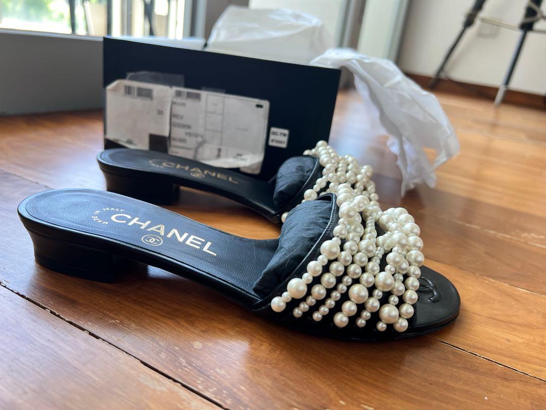 Chanel CC Canvas Faux Pearl Embellished Slide Sandals