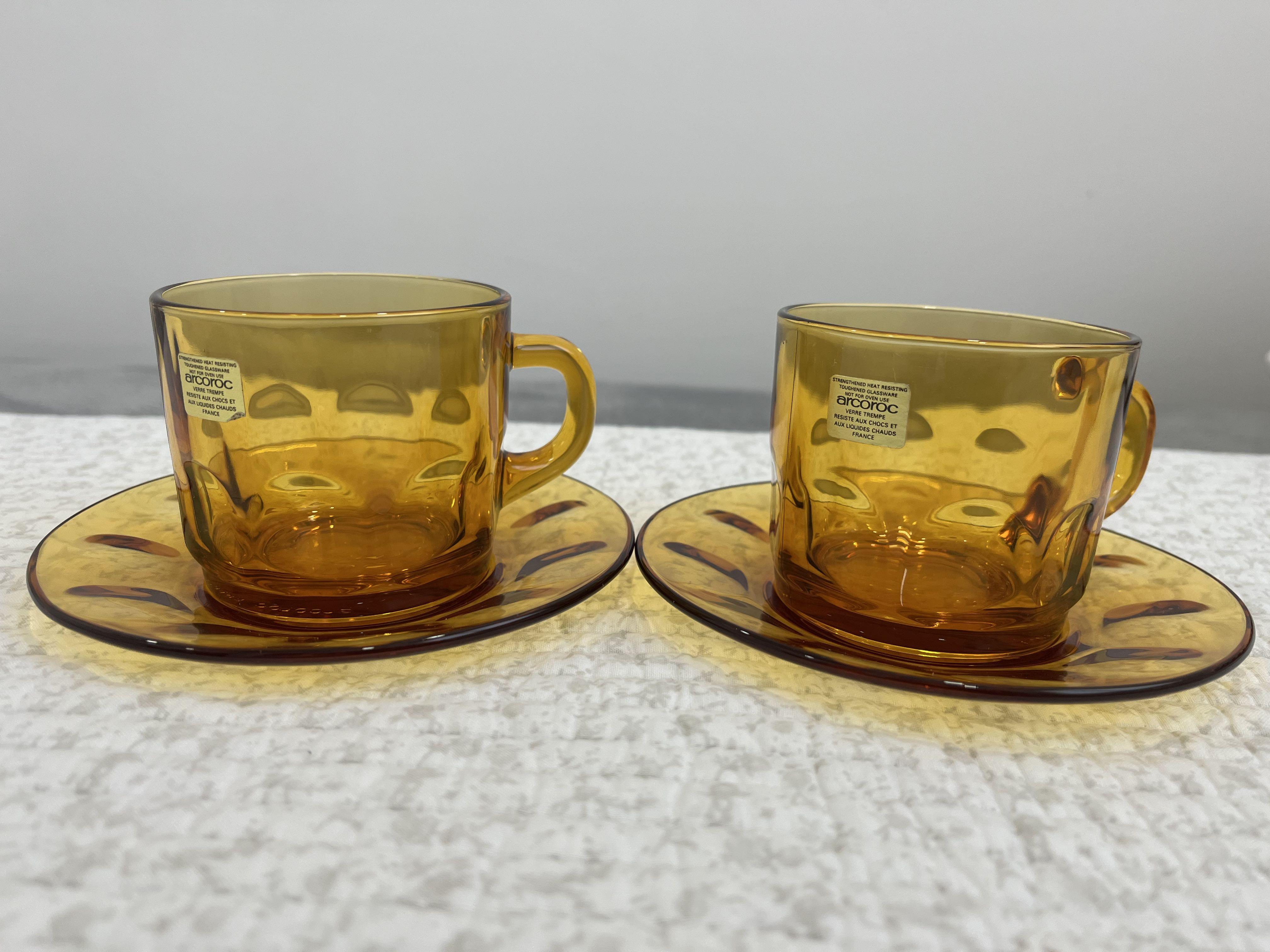 4 cups with plates glass amber arcoroc France Vintage
