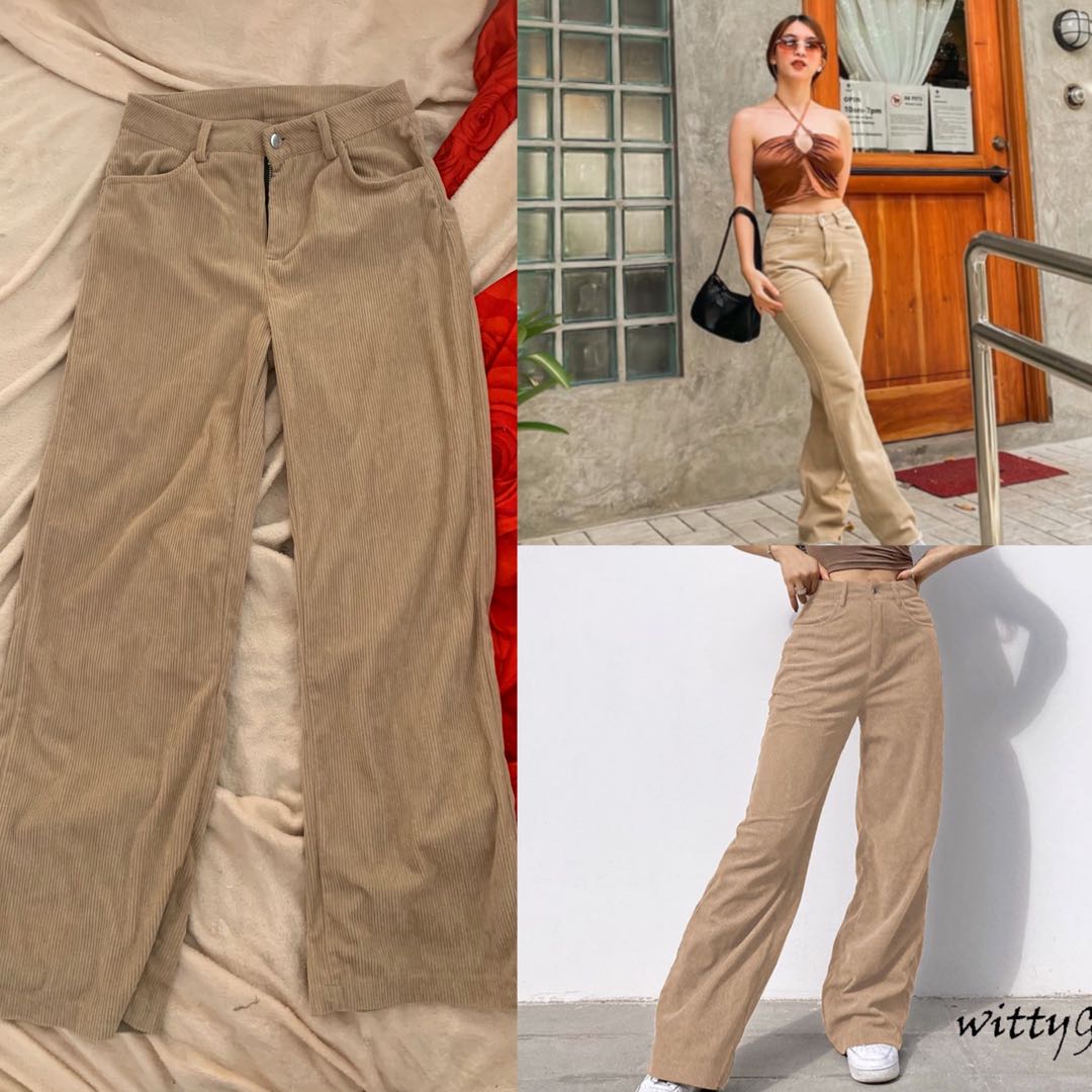 High waist Wide leg pants (Khaki), Women's Fashion, Bottoms, Other ...