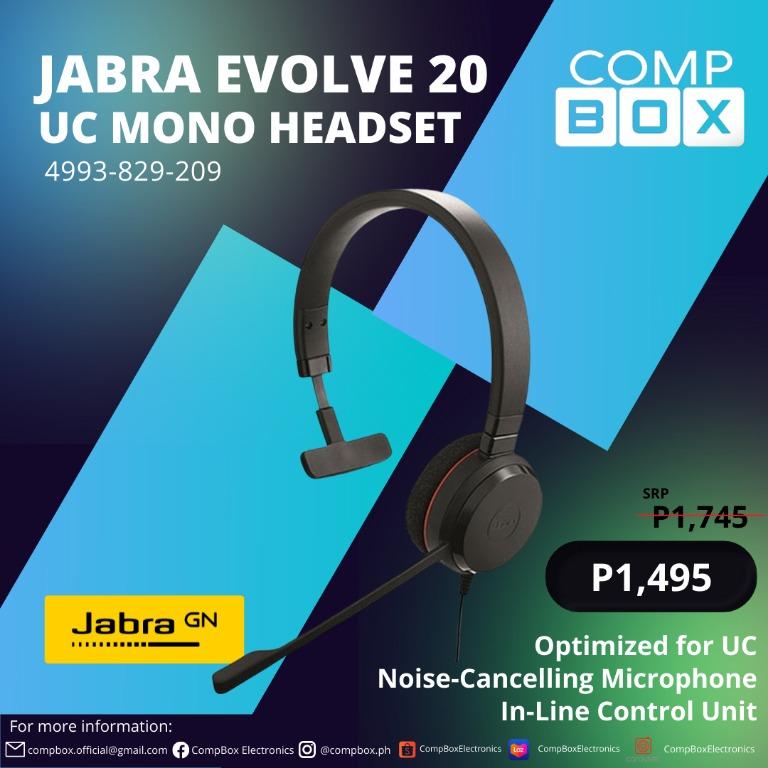 Jabra EVOLVE 20 UC Mono Headset 4993-829-209 (Category: Headphones & Headsets) located in Manila. Submitted by CompBoxElectronics (Listing ID 1159592999, Image 1). Description: Jabra EVOLVE 20 UC Mono Headset 4993-829-209 ₱ 1,495 ONLY SPECIFICATIONS: 🔹Headset Features: Digital Signal Processing (DSP), Noise Cancellation 🔹Microphone Frequency Response: 100 Hz to 10 kHz (Wideband) 🔹Microphone Sensitivity: -48 dB 🔹Driver Size: 3.9 mm 🔹Cushion: 