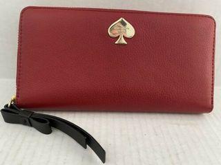 Kate Spade Red Leather Zip Around Wallet Black Bow Zipper Pull