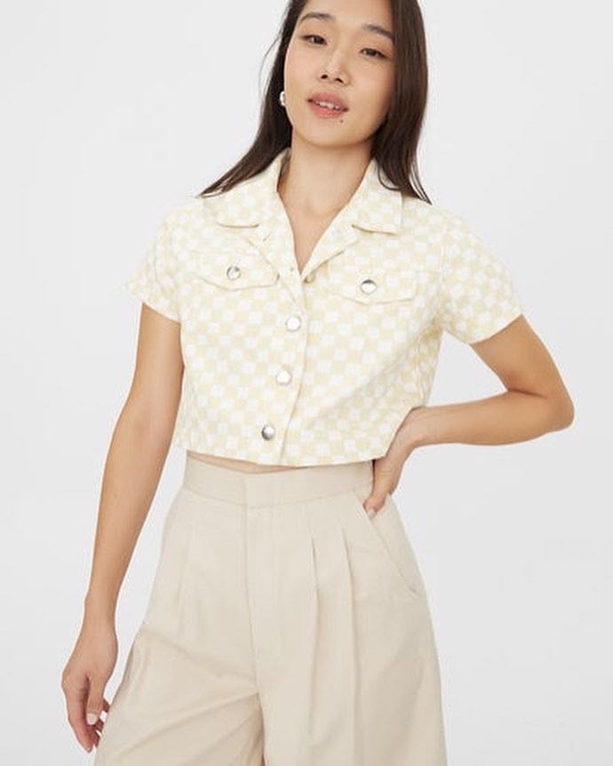 Pomelo Sustainable Checkered Crop Jacket and Jeans, Women's Fashion