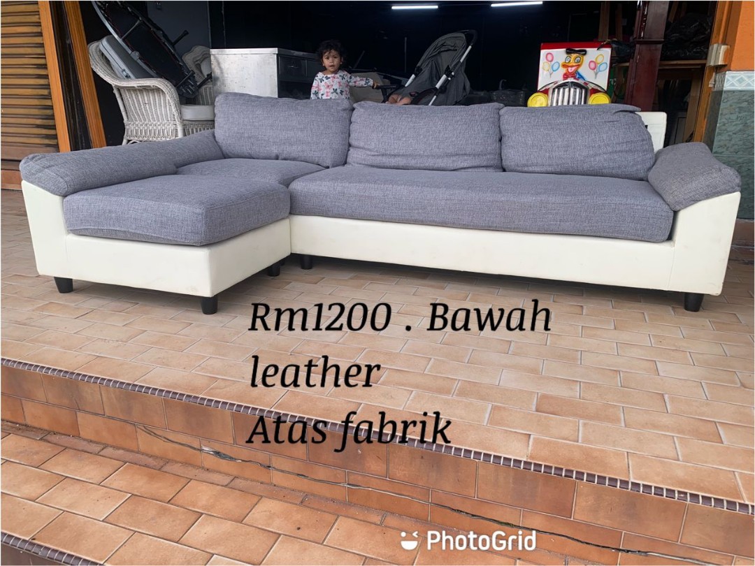 Sofa L shape bawah Leather atas fabric, Furniture & Home Living