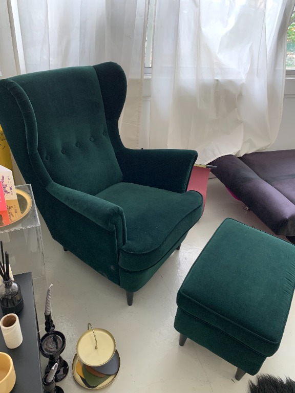Strandmon Wing Chair Footstool by Ikea Velvet Green Color