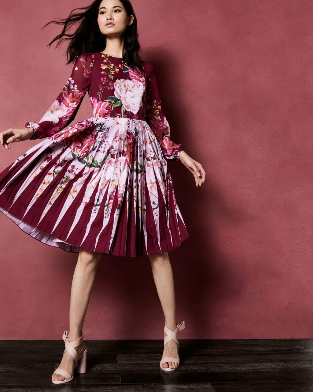 Ted Baker Esperan pleated maroon floral dress size UK12 Women s