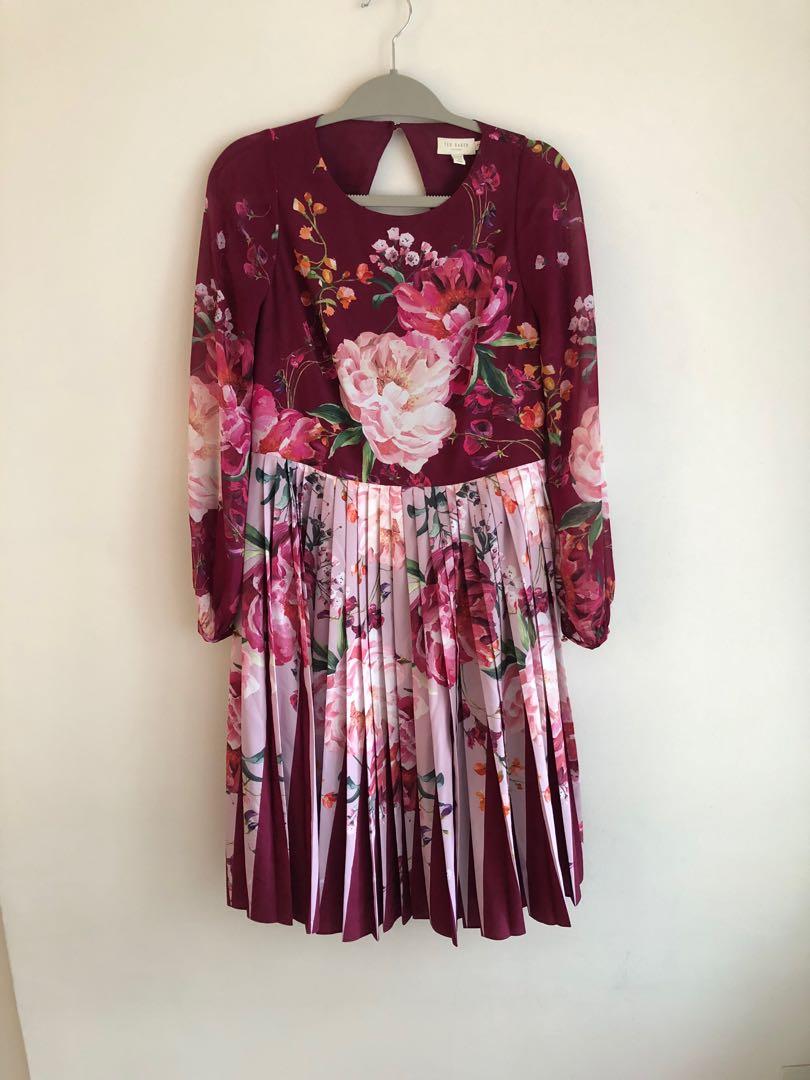 Ted Baker Esperan pleated maroon floral dress size UK12