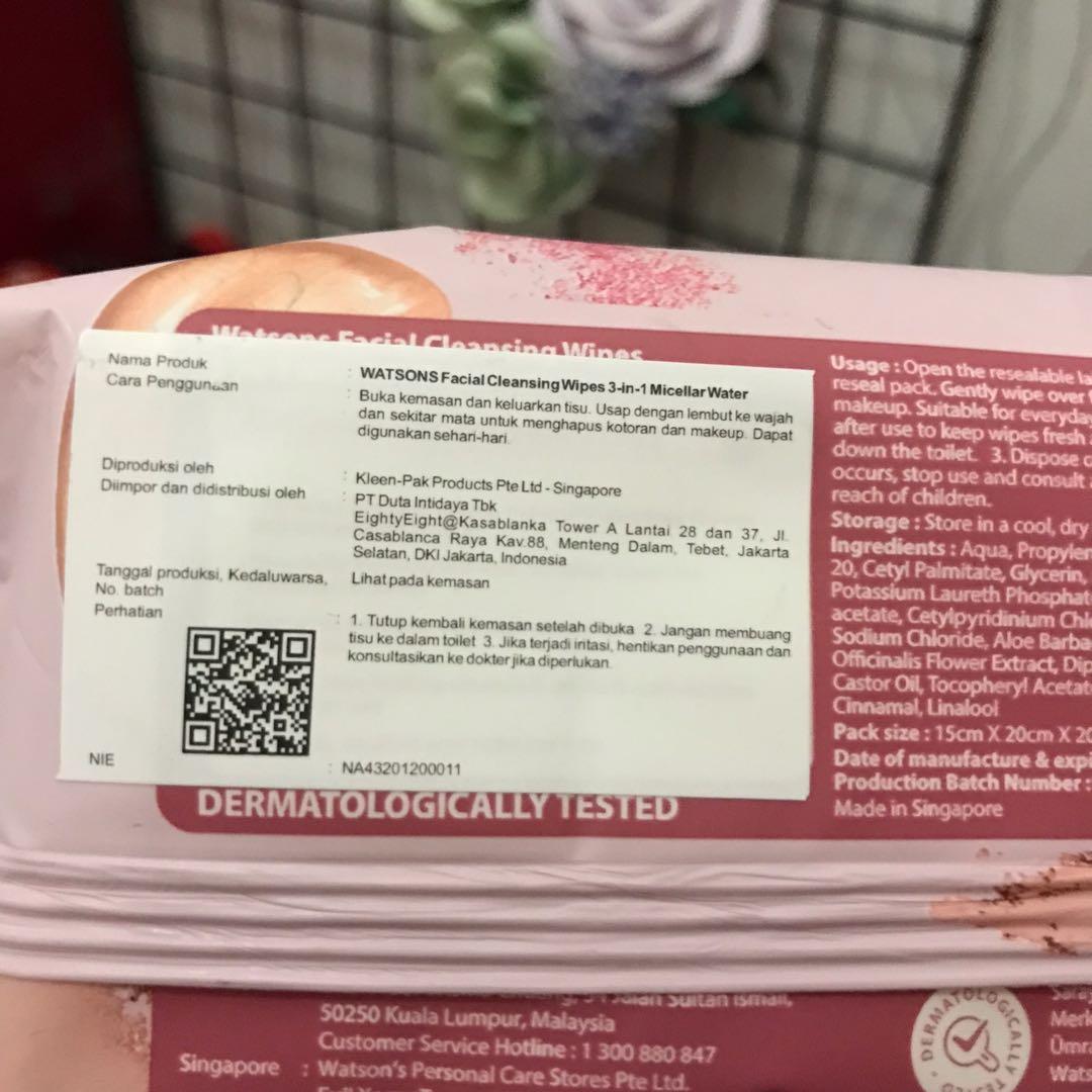 Watsons Facial Cleansing Wipes 3in1 Micellar Water 20s, Kesehatan