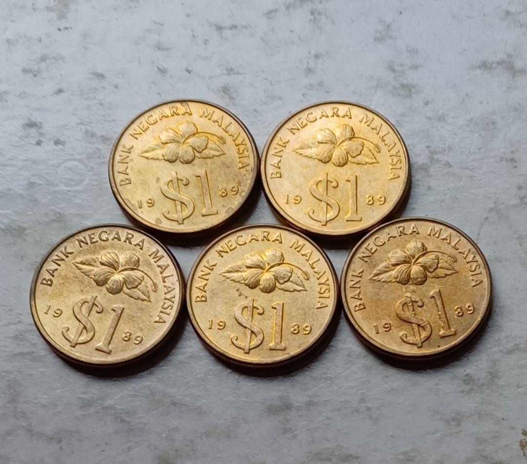 馬來西亞1989年1林吉特硬幣5枚（品相實物如圖）, 興趣及遊戲, 收藏品及紀念品, 錢幣- Carousell