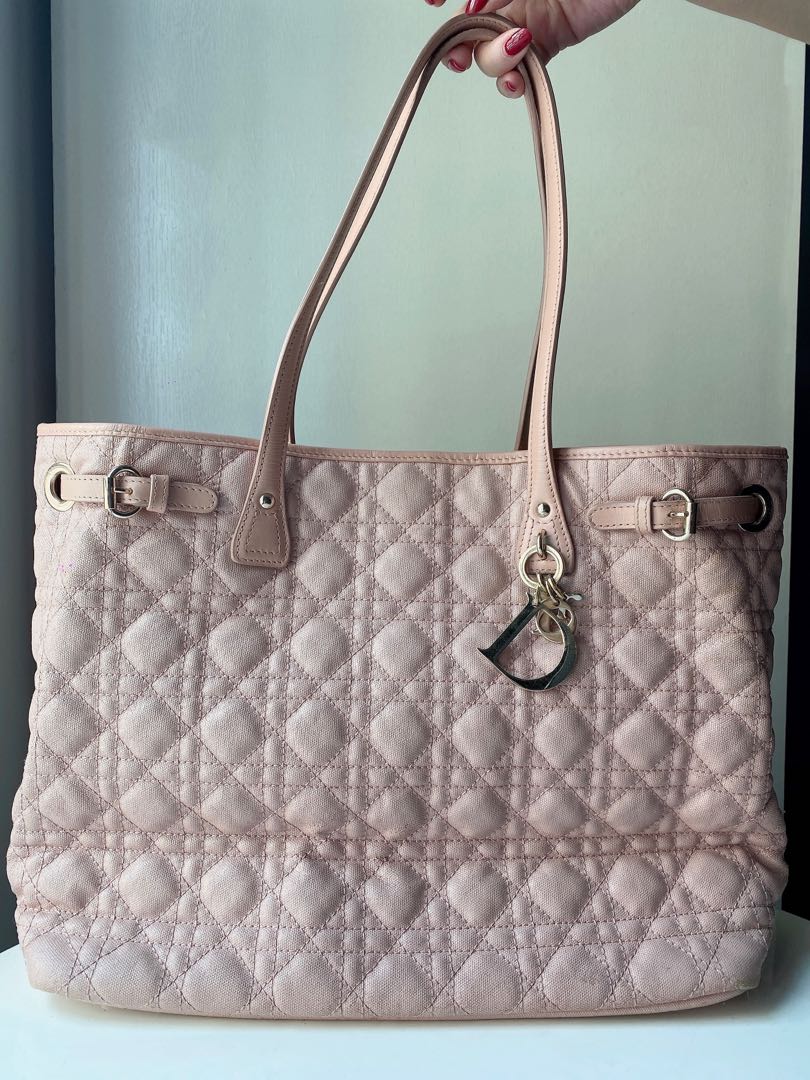 Christian Dior Pink Cannage Coated Canvas and Leather Small Panarea Tote   STYLISHTOP
