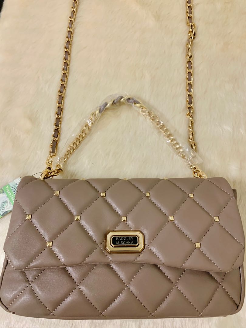 BADGLEY MISCHKA Beige Quilted Studded Chain Bag