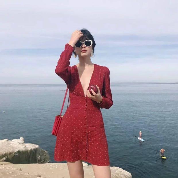Red polka dot button down dress outlet