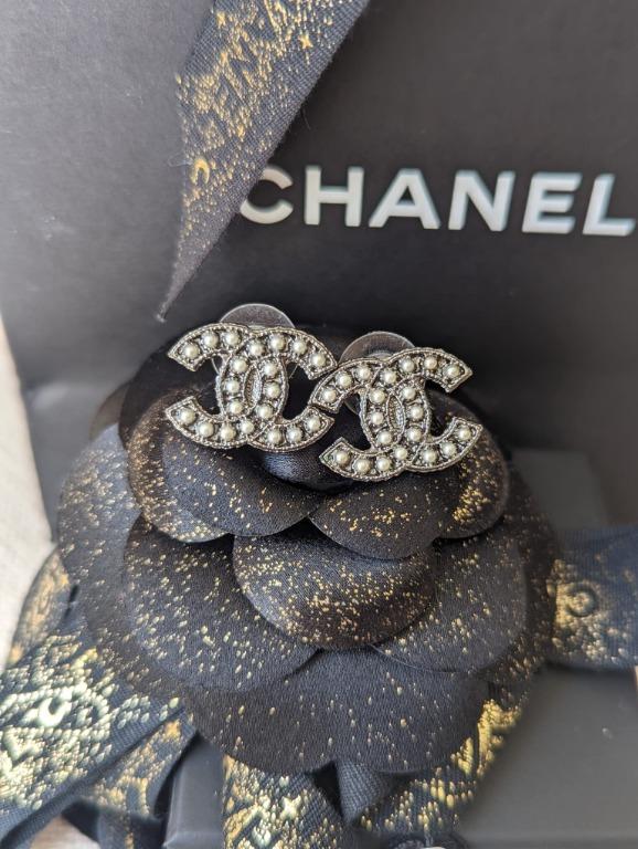 Chanel CC A14S Logo Pearl Ruthenium BHW Coco Mark Earrings