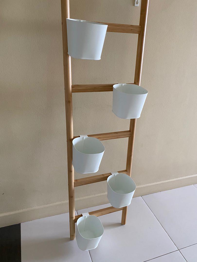 Ikea SATSUMAS plant stand with 5 pots, bamboo white, Furniture & Home