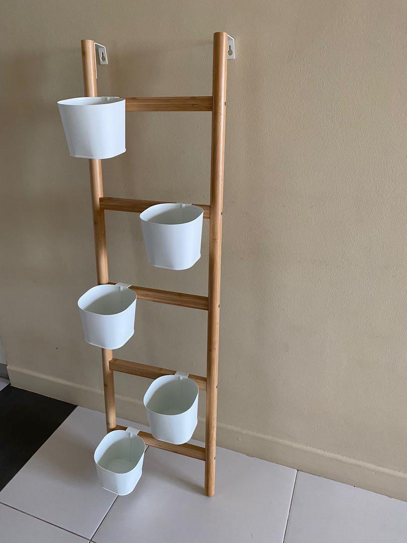 Ikea SATSUMAS plant stand with 5 pots, bamboo white, Furniture & Home