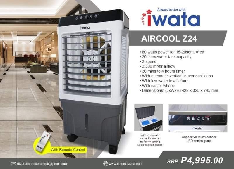IWATA AIR COOLER Z24 (Category: Air Conditioning and Heating) located in Del Monte. Submitted by iwata_distributor (Listing ID 1163902005, Image 1). Description: IWATA AIR COOLER Z24 WITH REMOTE CONTROL‼️‼️ WE ARE OPEN FOR RESELLER‼️‼️ 🚚 FREE DELIVERY within Metro Manila 💵 We offer COD within Metro Manila ✅ We're open for bulk orders ✅ 1yr warranty service and 6months parts with 7days replacement You can also visit our office at Berton's Place,