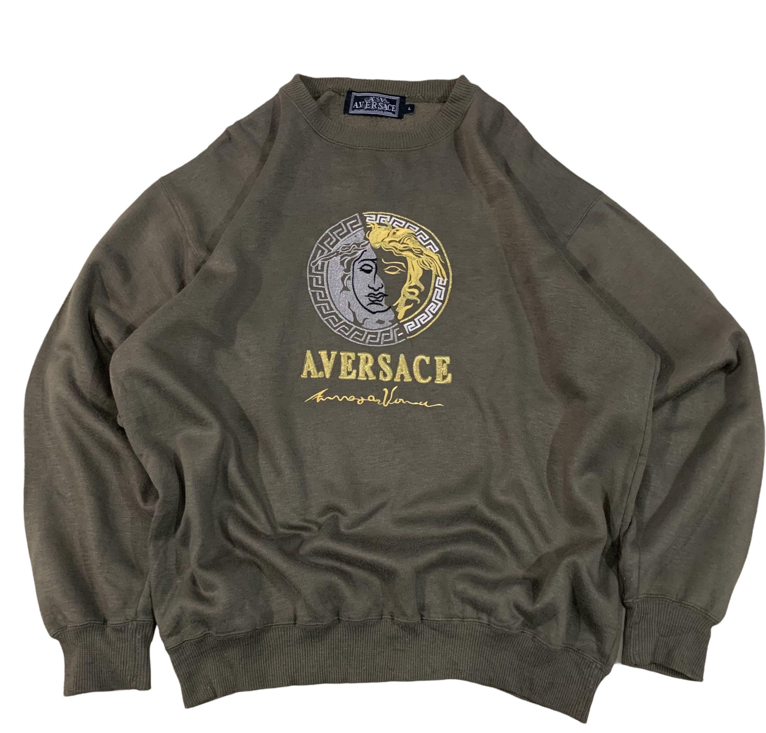 A.Versace Vintage 90 s Luxury Designer Alfredo Versace Medusa Embroidery Olive Green Sweatshirt Versace Jeans Couture Women s Fashion Tops Other Tops on Carousell