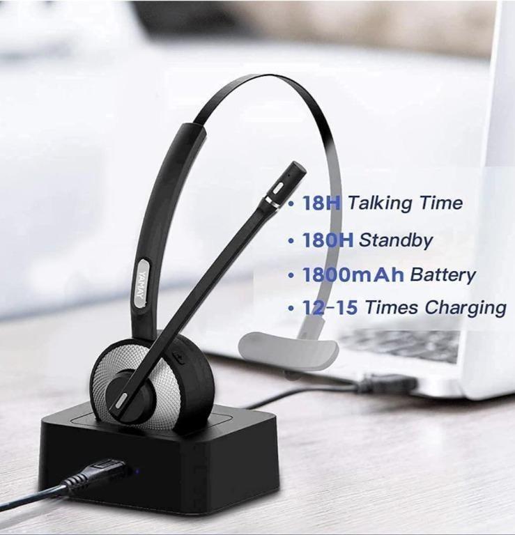 YAMAY M98 Wireless Headset with Microphone Noise Cancelling Mic Charging Base Mute Button 19H Clear Talk Time Pro for Truck Driver Office Business