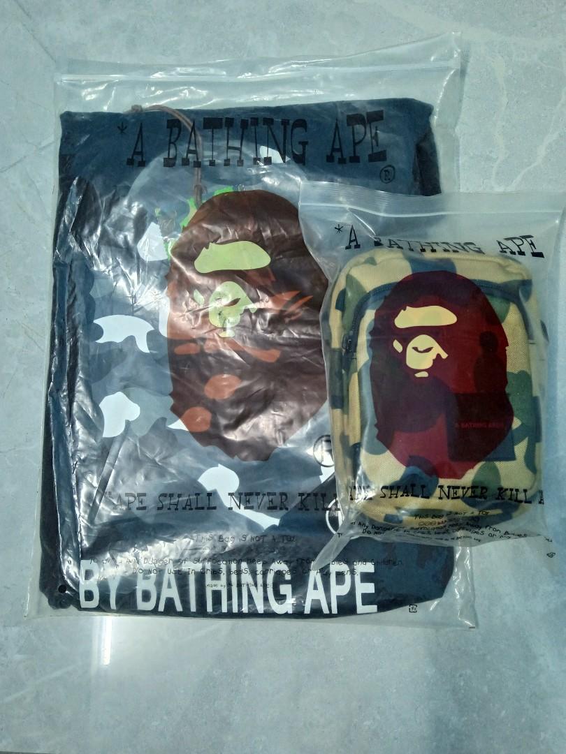 A BATHING APE BAPE TEE SHIRT CAMO T SHIRT GLOW IN THE DARK T SHIRT CAMO SLING BAG SET OF 2