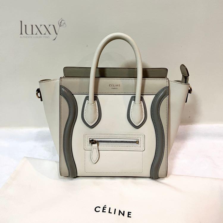 CELINE NANO LUGGAGE BAG (Category: Luxury Bags & Wallets) located in San Jose del Monte. Submitted by luxxyluxuryitems (Listing ID 1165739777, Image 1). Description: The ultimate favorite bag — Celine Nano Luggage Smooth Calfskin Cream/Gray! ✨ 💠 Authentic / Original 💠 Rank A 💠 Excellent Condition 💠 Comes with cards & dust bag 💠 Message us for more detailed pictures 💠 We don’t sell fakes, imitations, or knockoffs 💠 Money back guaranteed onc