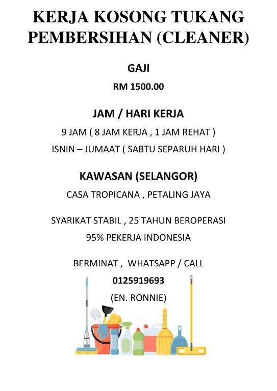 Cleaner Diperlukan Segera Jobs Full Time Cleaning Housekeeping On Carousell