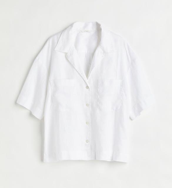 h&m oversized relaxed fit linen resort shirt in white, Women's Fashion