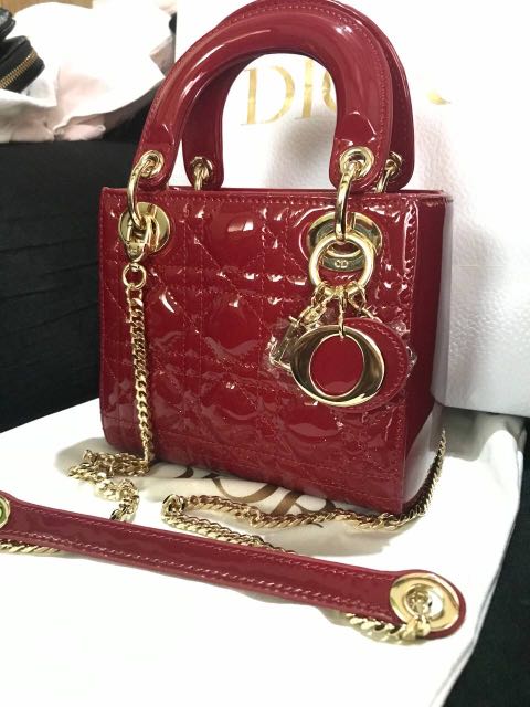 Small Lady Dior Bag Cherry Red Patent Cannage Calfskin