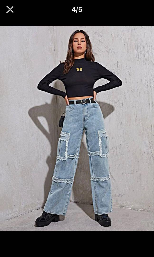 SHEIN Light washed frayed trim boyfriend jeans Women s Fashion