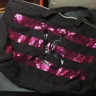 Victoria's Secret Black and Pink-sequenced Big Tote Bag / Beach Bag