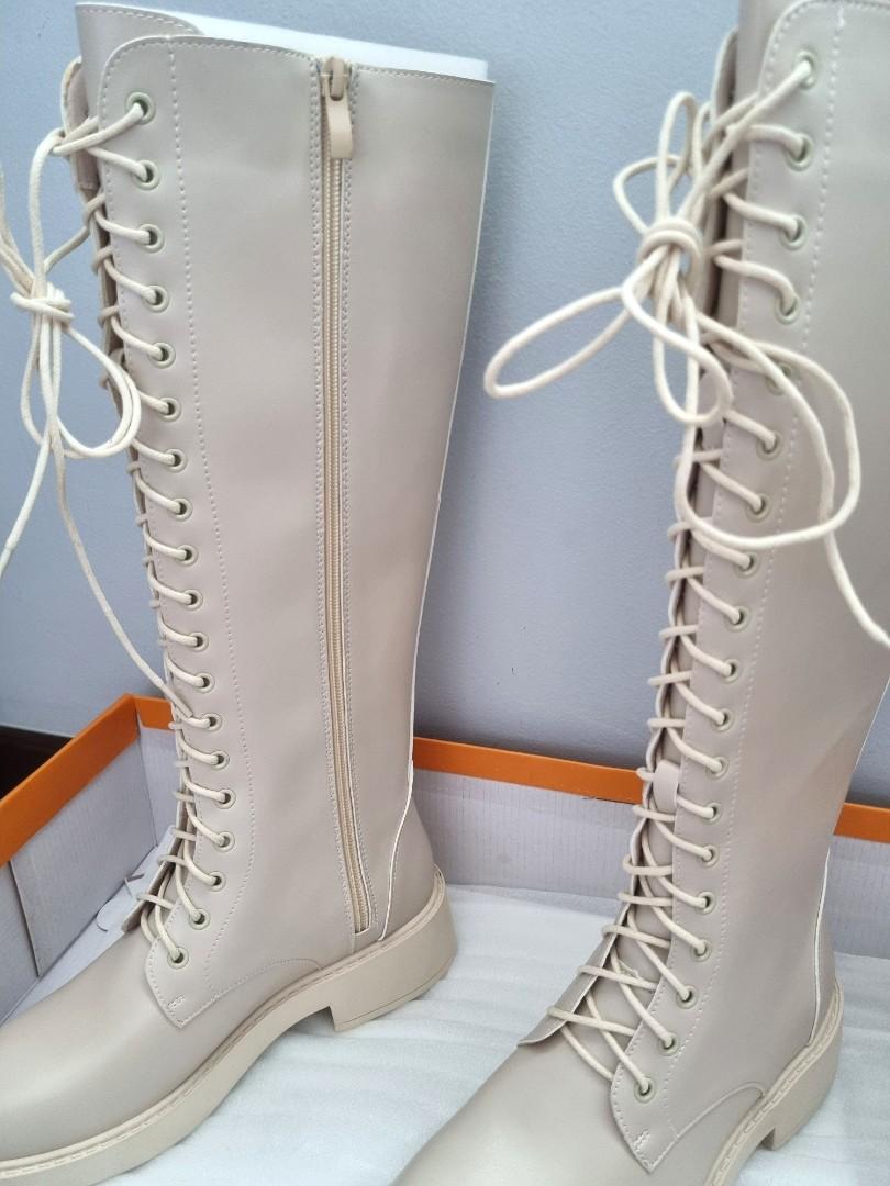White lace up knee high boots clearance
