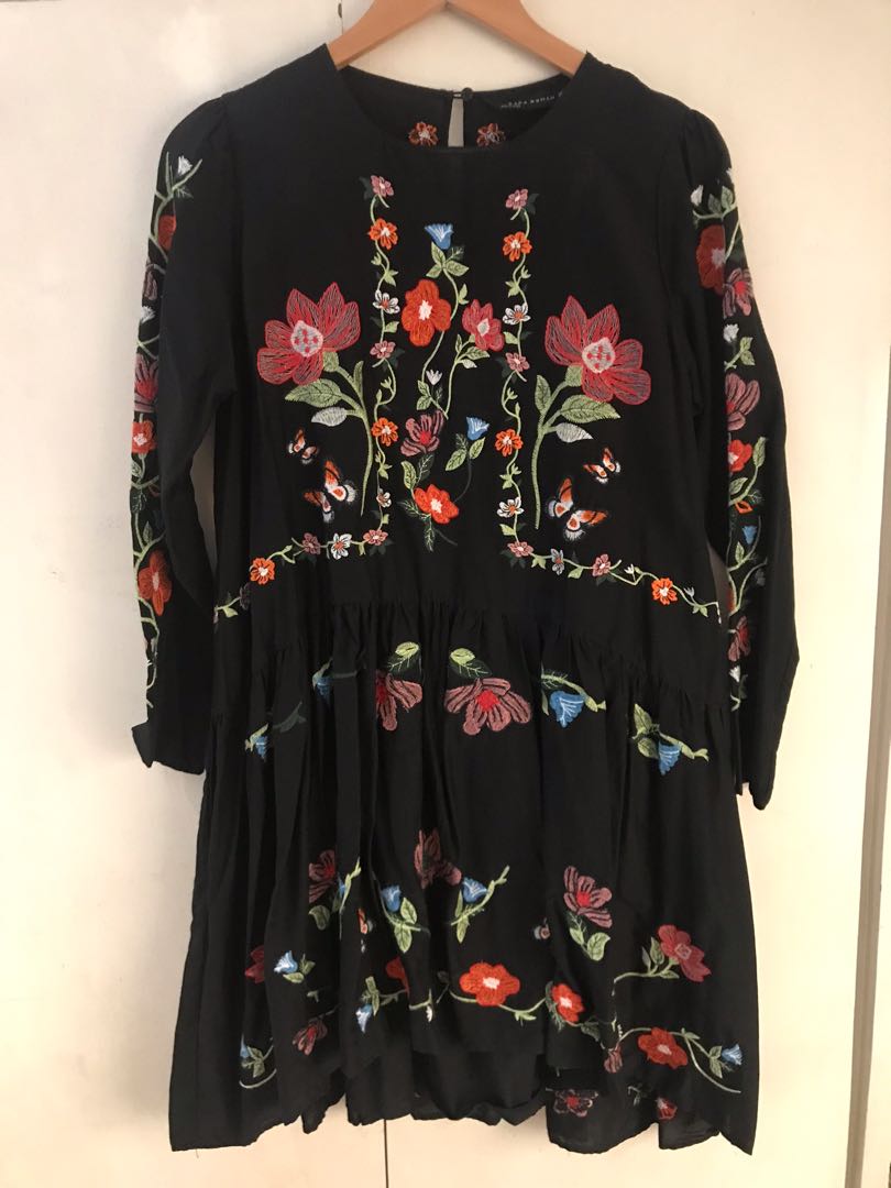 Zara Floral Embroidered Black Mini Dress, Women's Fashion, Dresses