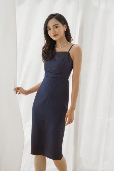 Krista Asymmetrical Strap Midi Dress (Misty Blue)
