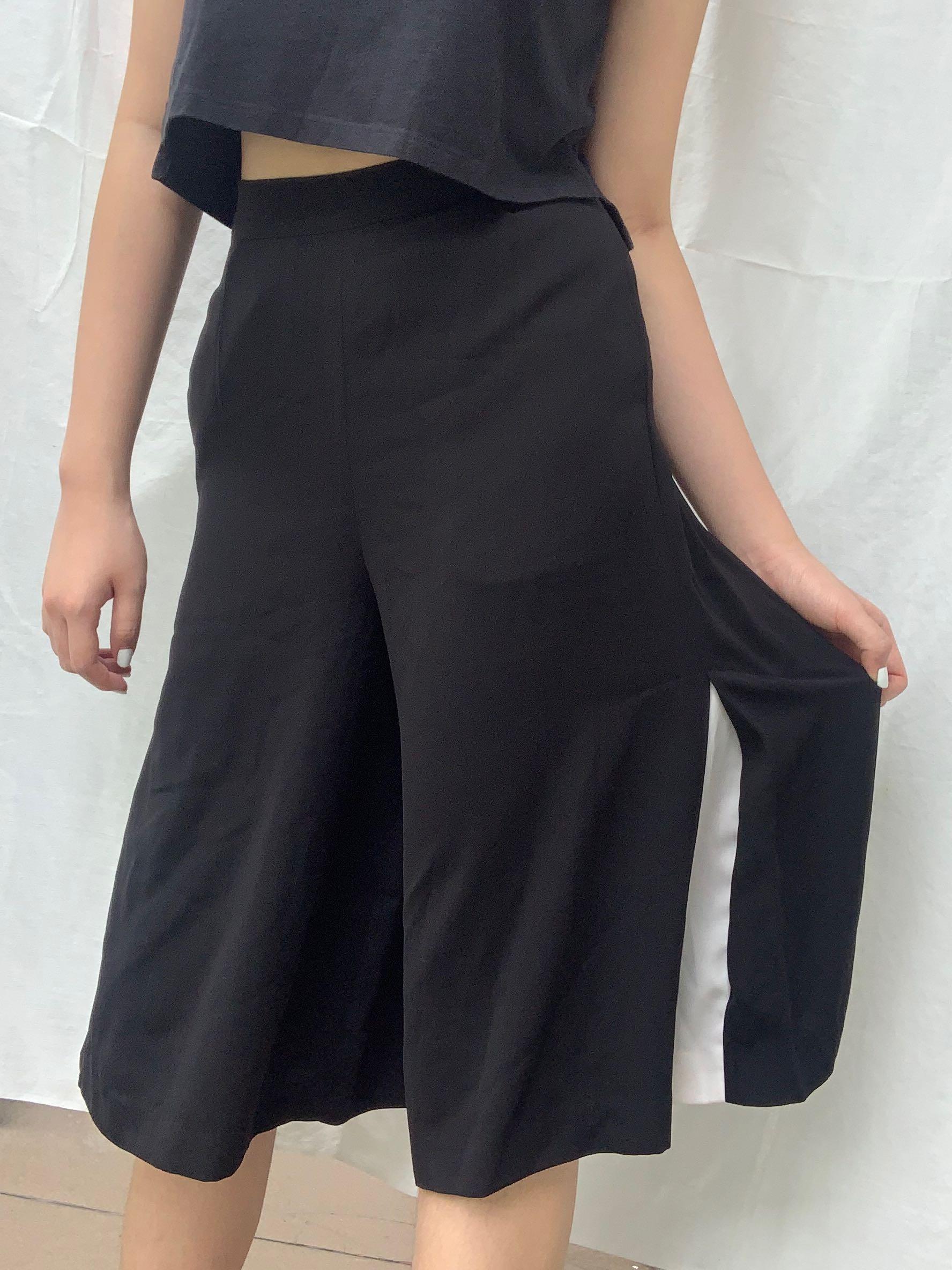 BERSHKA KULOT Culotte black white monochrome midi pants celana