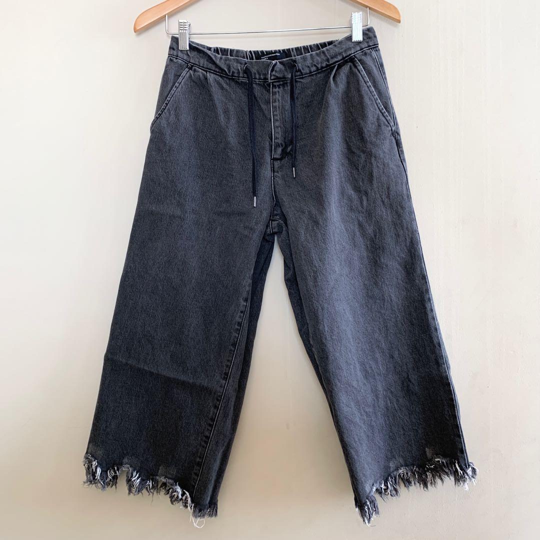Black grey fringe denim celana pants 