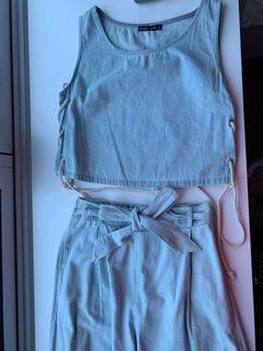 denim side tie top and flare pants