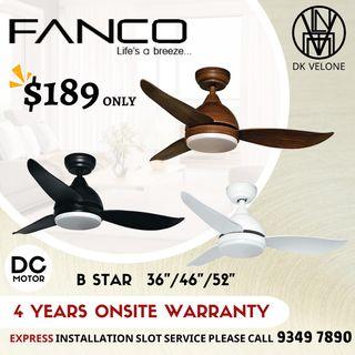 Fanco B-Star ceiling fan 24W LED light DC motor 4 years on-site warranty one price for all sizes !!