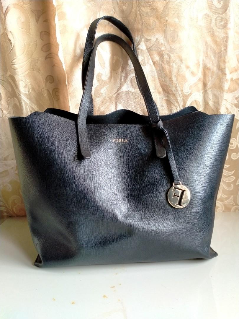 Buy the Furla Saffiano Leather Chain Strap Tote Bag Black