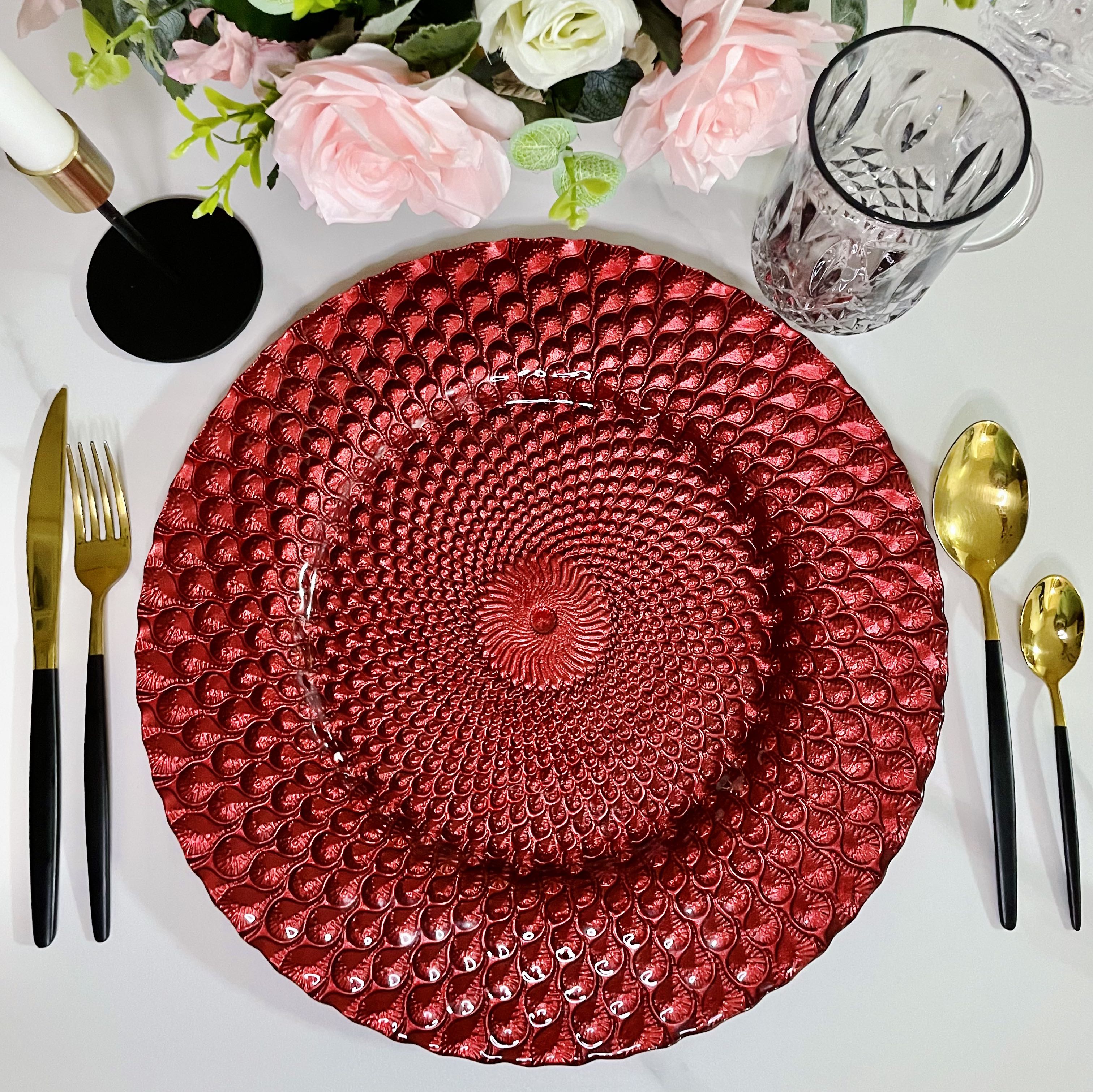 Glass Charger Plate, Embossed Peacock Red, 13inch, set of 2 pcs