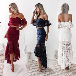 Lace Off Shoulder Top and Asymmetrical Midi Skirt