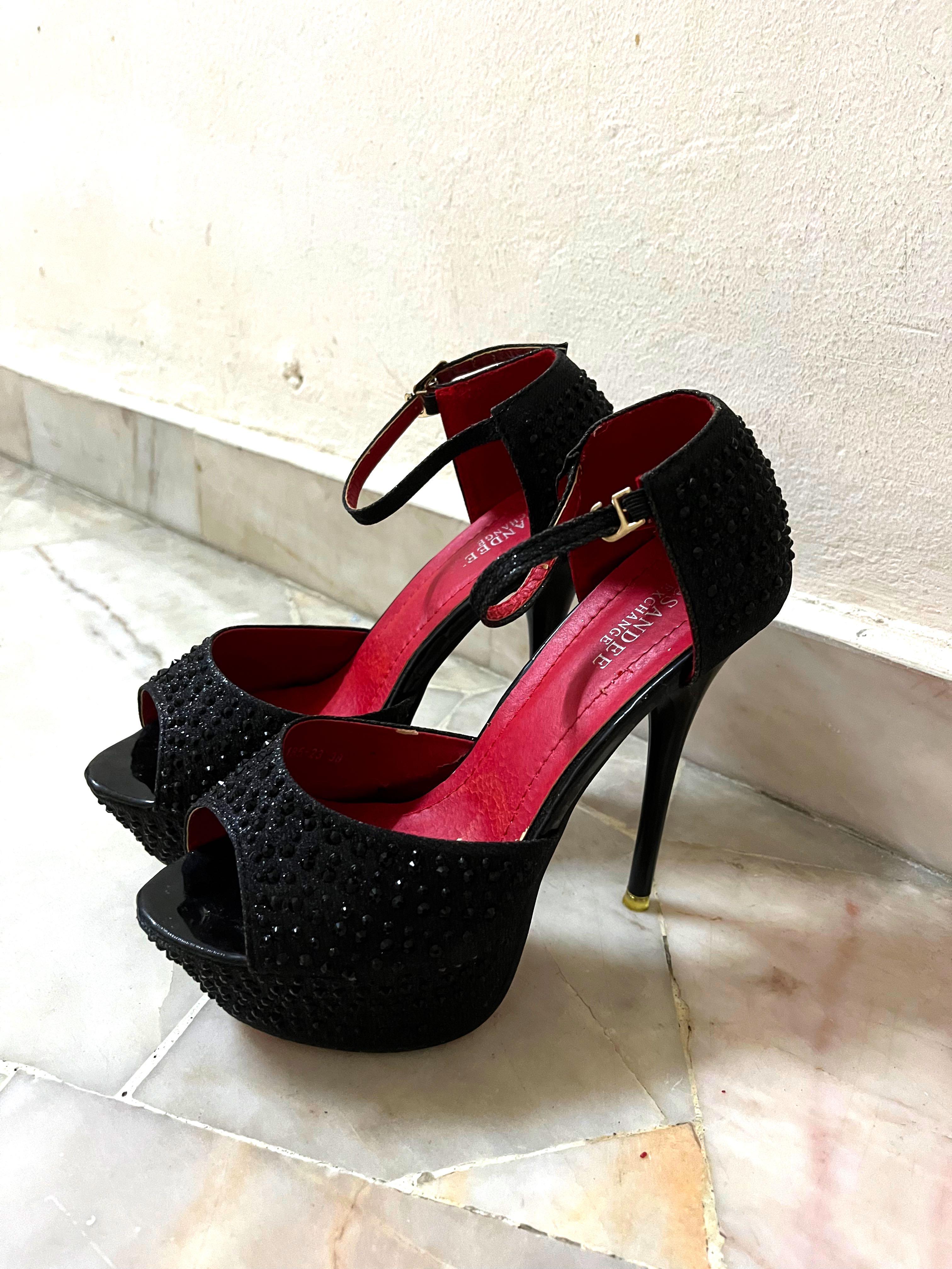 Black sequin peep toe heels top