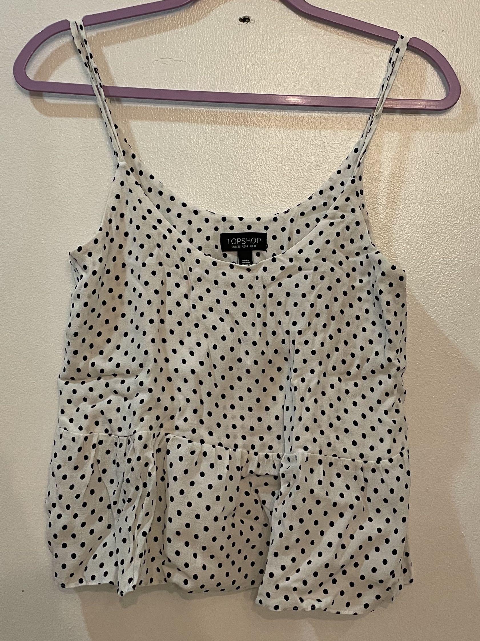 Topshop polka dotted tank top (Category: Sleeveless) located in Quezon City. Submitted by caradejesus (Listing ID 1165955195, Image 1). Description: Not cropped, but it feels like it because the bottom of the top is loose and flowy Best worn with shorts or skinny jeans.