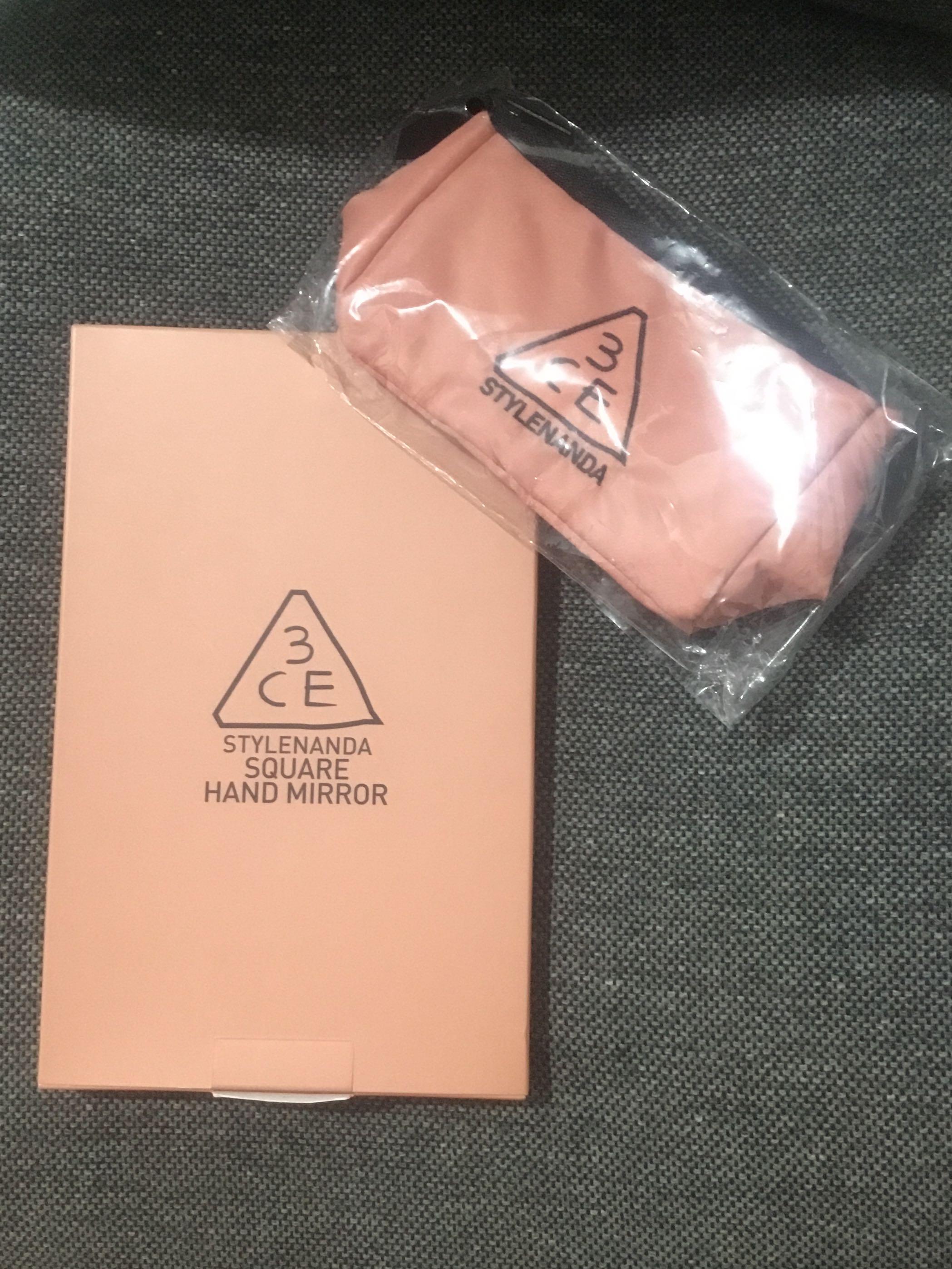 3CE Stylenanda Square Hand Mirror and Mini Pouch (Category: Makeup) located in Manila. Submitted by jean_closet (Listing ID 1166205425, Image 1). Description: Bought in Korea Brandnew! Super cute! Rfs Decluttering Shopee checkout available 😊.