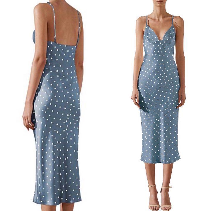 AU10 BNWT Shona Joy Blue Polka dot midi dress