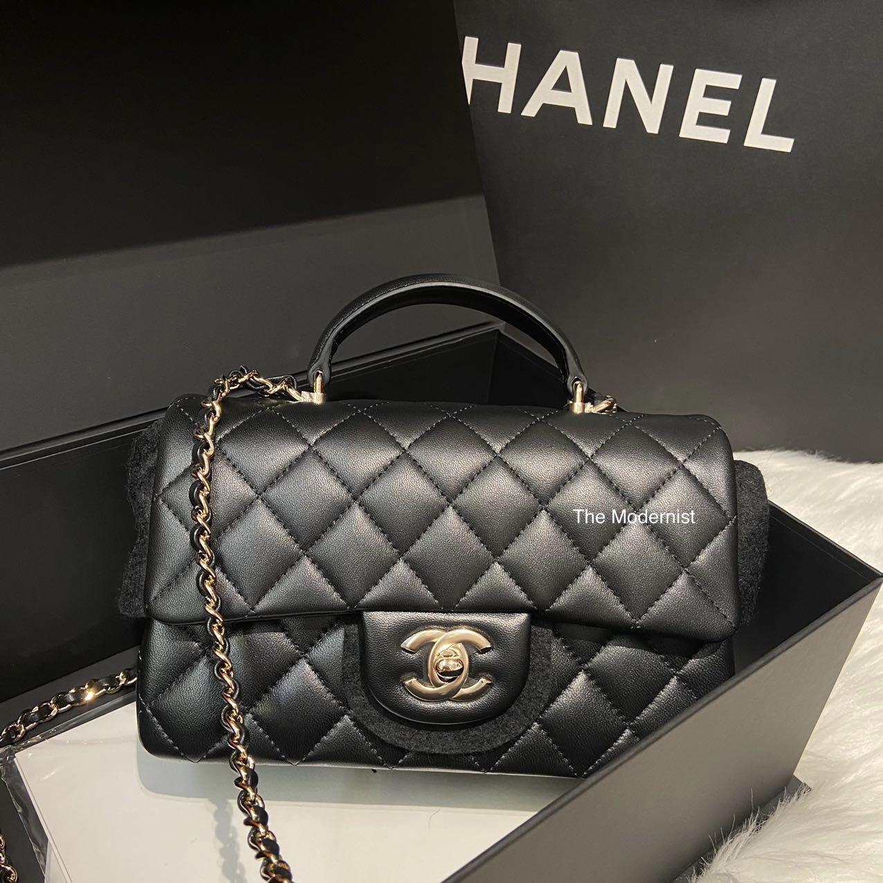Authentic Chanel Mini Flap Bag with Top Handle Black Lambskin Gold Tone ...