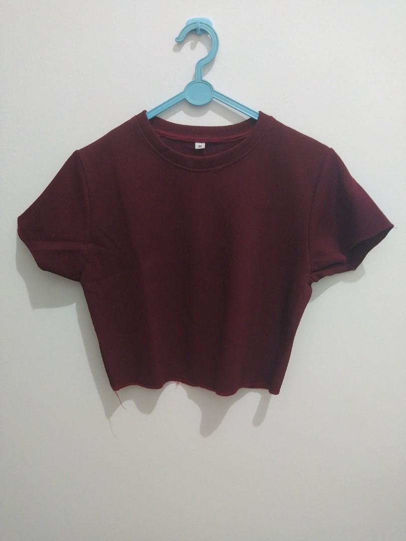 Crop Top Maroon, Fesyen Wanita, Pakaian 