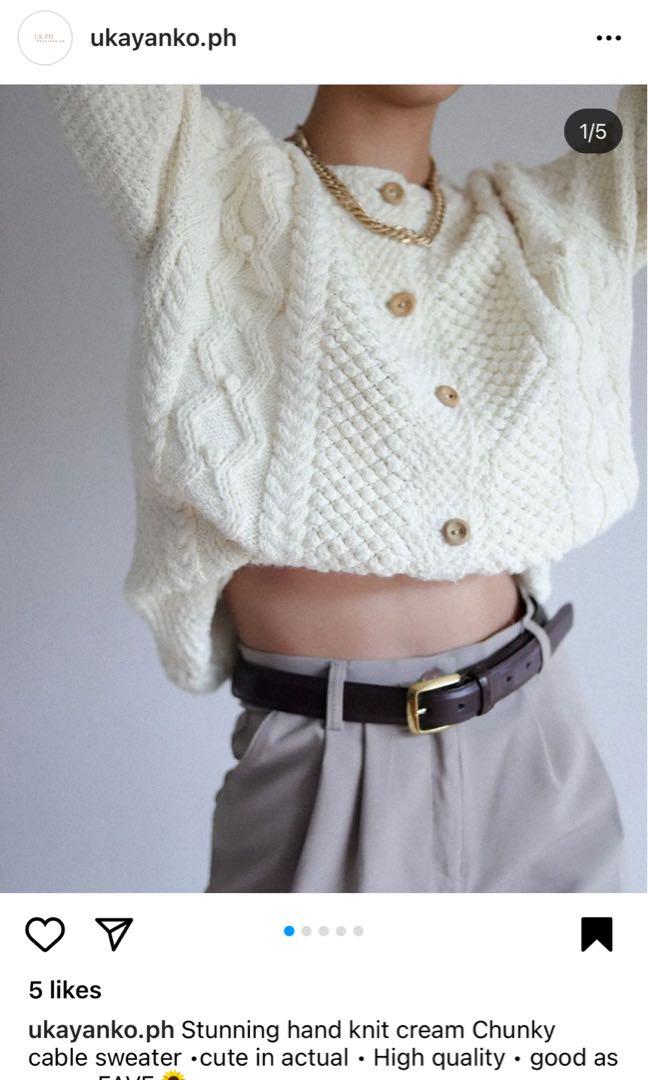 Hand knit cream chunky cable sweater (Category: Coats, Jackets and Outerwear) located in Muntinlupa City. Submitted by clashops (Listing ID 1166168268, Image 3). Description: Thrifted on IG but never used myself. 10/10 condition ✨ Will fit S-M frames. Selling because it’s not really my style and I don’t have much use for it! MOP: Metrobank, BPI, GCash MOD: Grab, Lalamove, GGX .