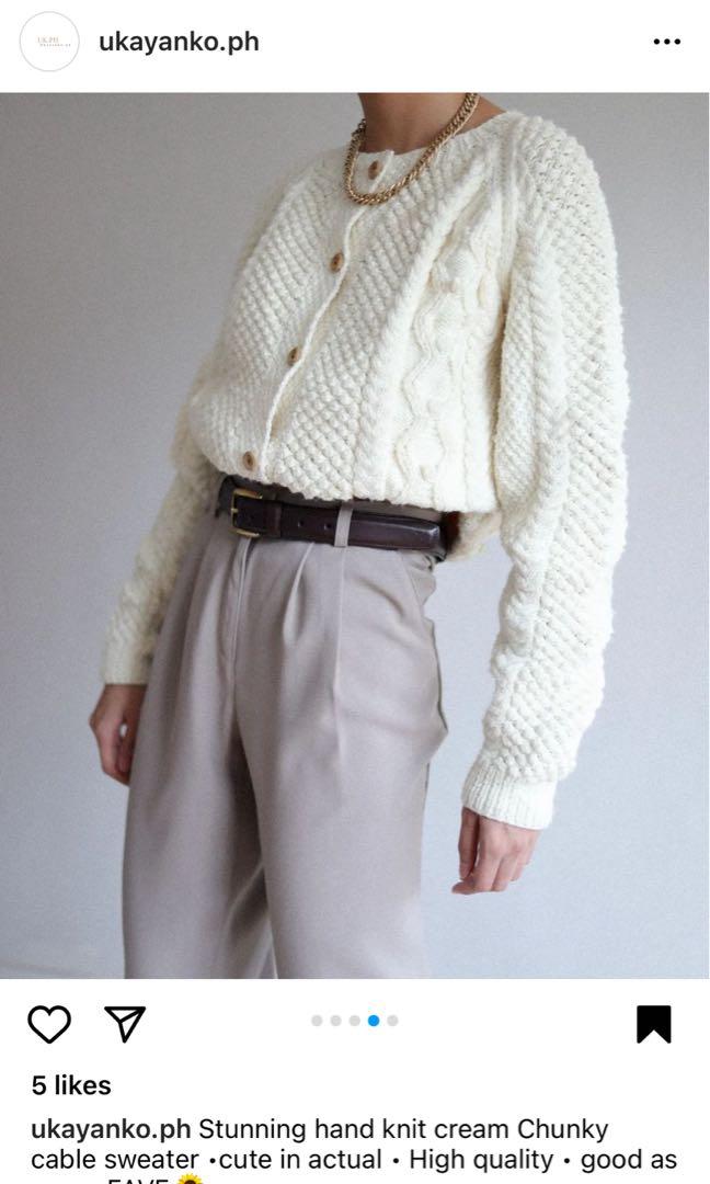 Hand knit cream chunky cable sweater (Category: Coats, Jackets and Outerwear) located in Muntinlupa City. Submitted by clashops (Listing ID 1166168268, Image 2). Description: Thrifted on IG but never used myself. 10/10 condition ✨ Will fit S-M frames. Selling because it’s not really my style and I don’t have much use for it! MOP: Metrobank, BPI, GCash MOD: Grab, Lalamove, GGX .