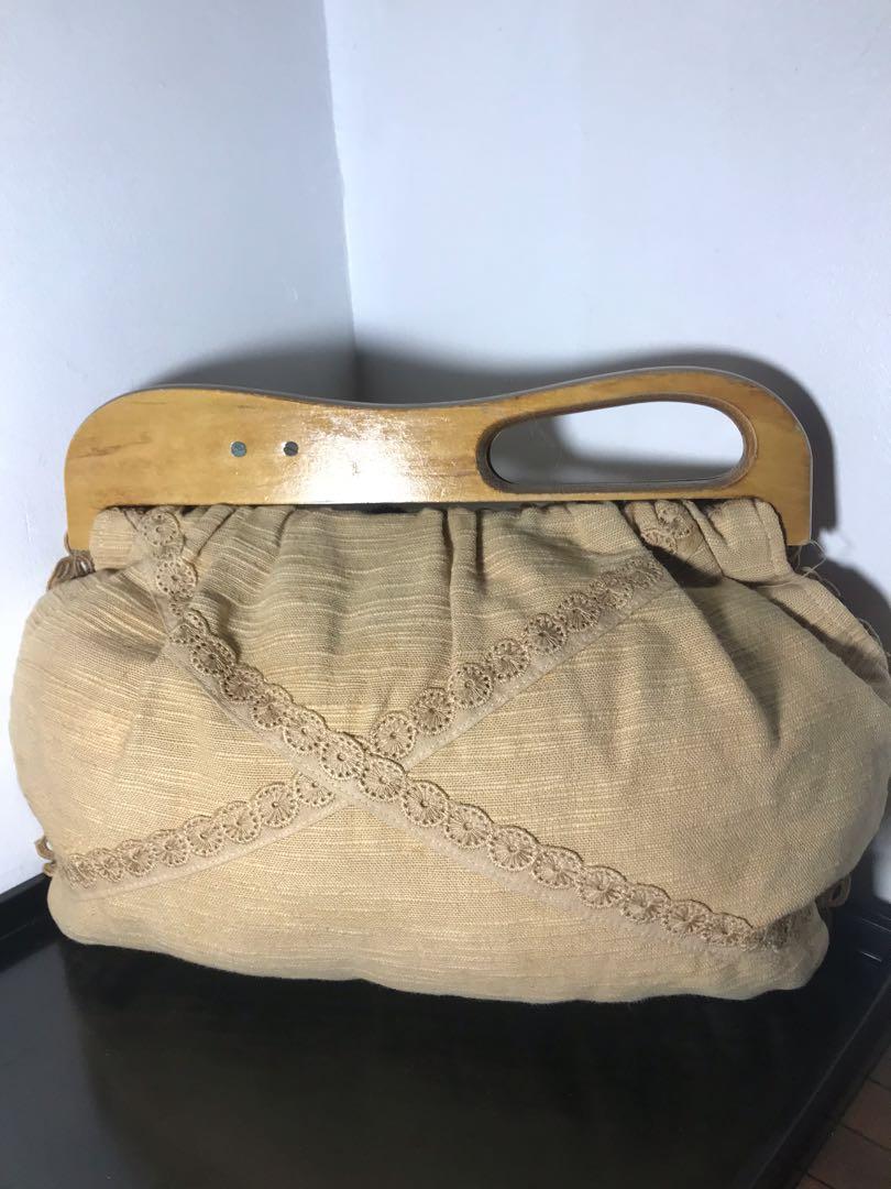 Handmade Fabric & Woodhandle Clutch Bag, Women's Fashion, Bags
