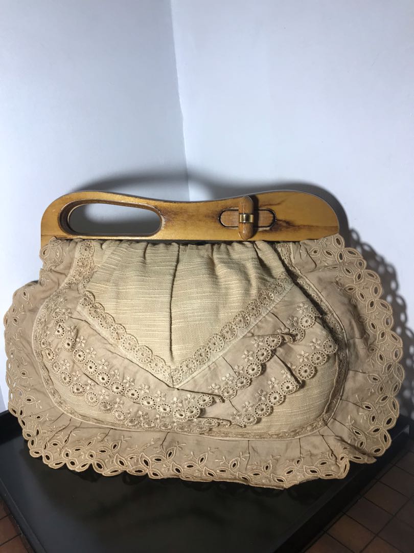 Handmade Fabric & Woodhandle Clutch Bag, Women's Fashion, Bags