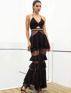 LOVE & LEMONADE Black Lace Mesh Long Ruffle Dress S-M